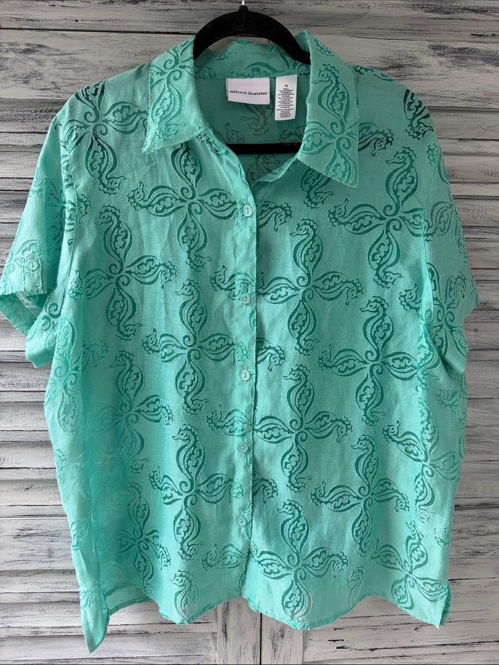 Alfred Dunner Mint Green Short-Sleeve Button-Down Coastal Shirt Size 16